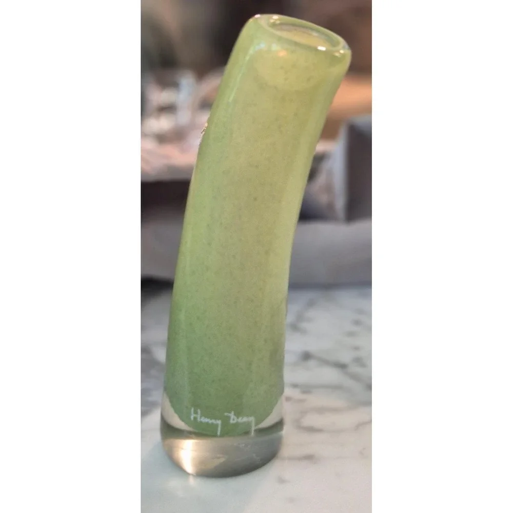 Signed Henry‎ Dean Lichen Green Art Glass Bud Vase Curved Hand Blown Belgium